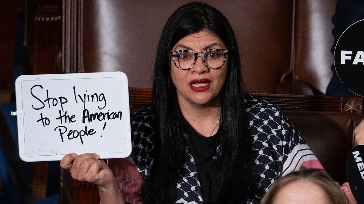 Democrat Tlaib uses whiteboard to protest Trump throughout speech | Fox ...