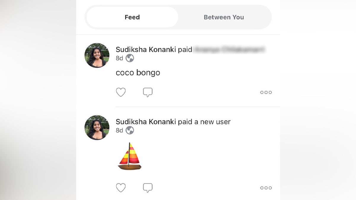 Screenshot of Venmo transactions for Sudiksha Konanki account