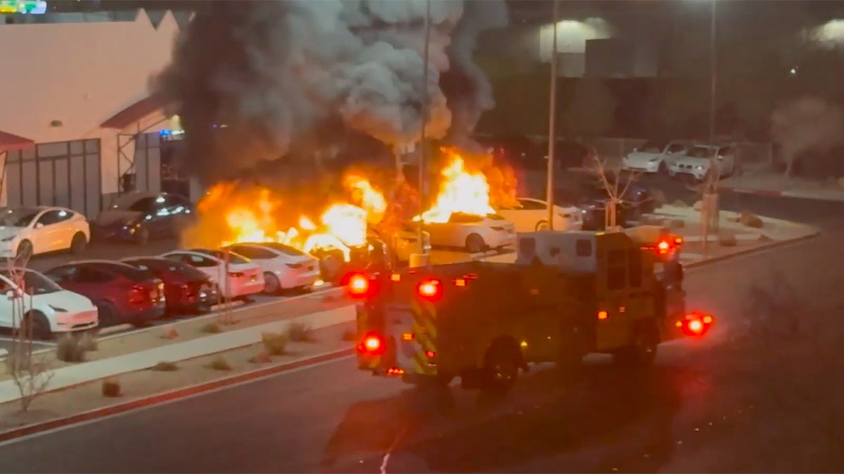 Tesla vehicles burn in Las Vegas, viewed from the sky