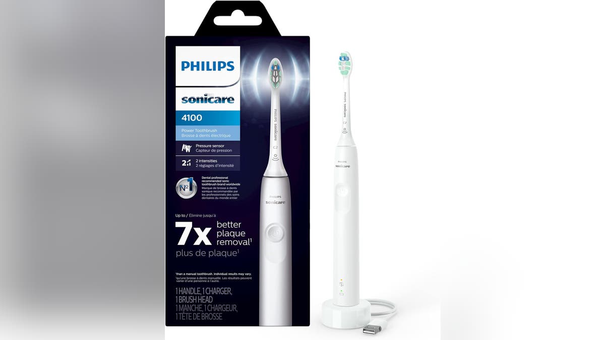 Philips Sonicare 4100 Rechargeable Electric Toothbrush has a pressure sensor and two intensity settings.