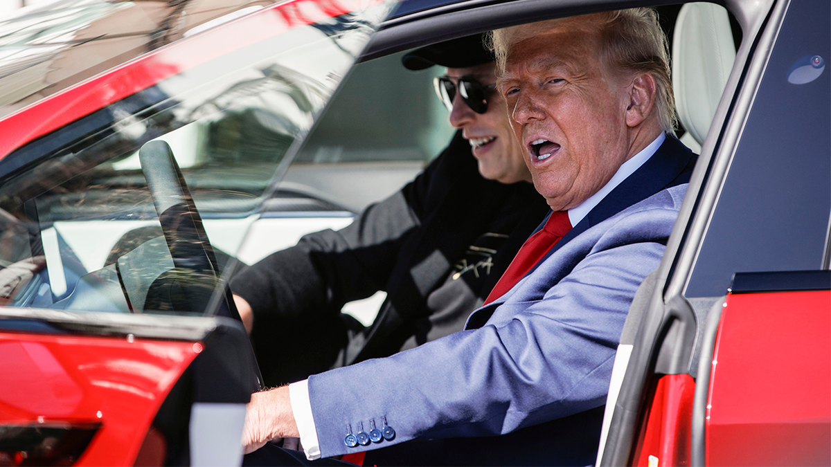 Elon Musk, chief executive officer of Tesla Inc., left, and President Donald Trump in a Tesla Model S vehicle on the South Lawn of the White House in Washington, D.C., on Tuesday, March 11, 2025.