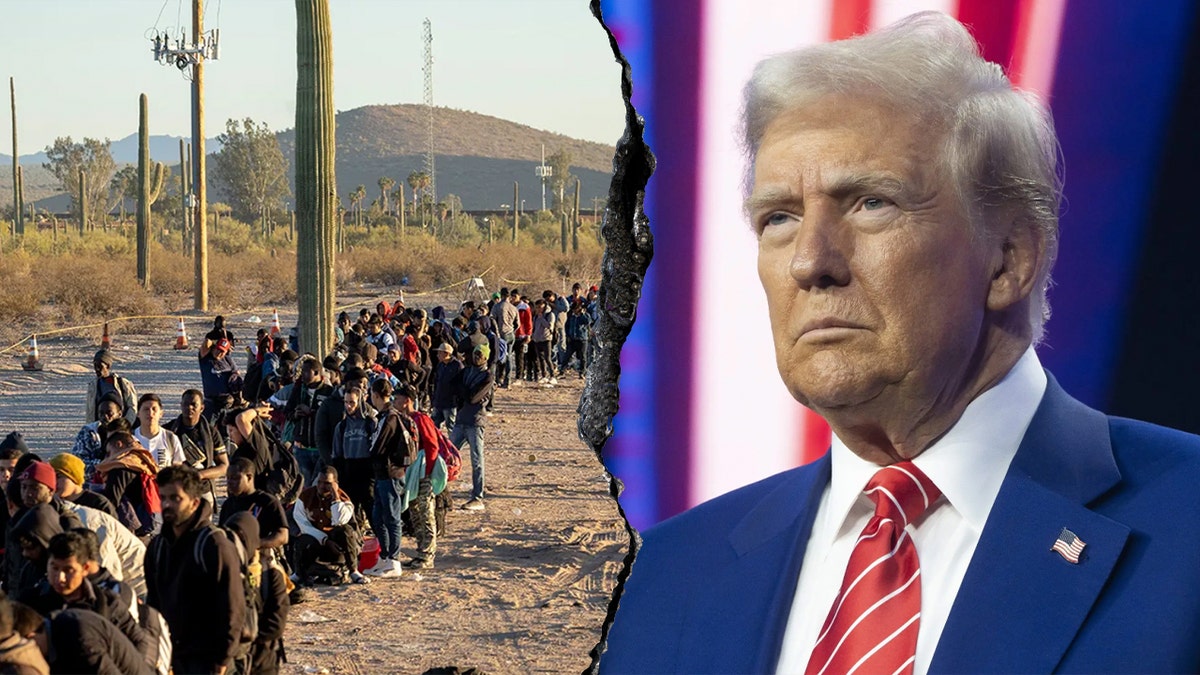 Trump, migrants in desert photo split