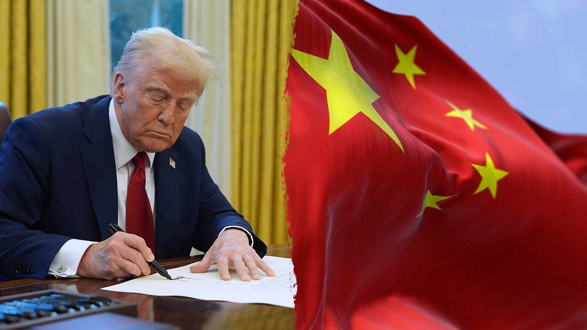 Trump en Chinese vlag gesplitst figuur