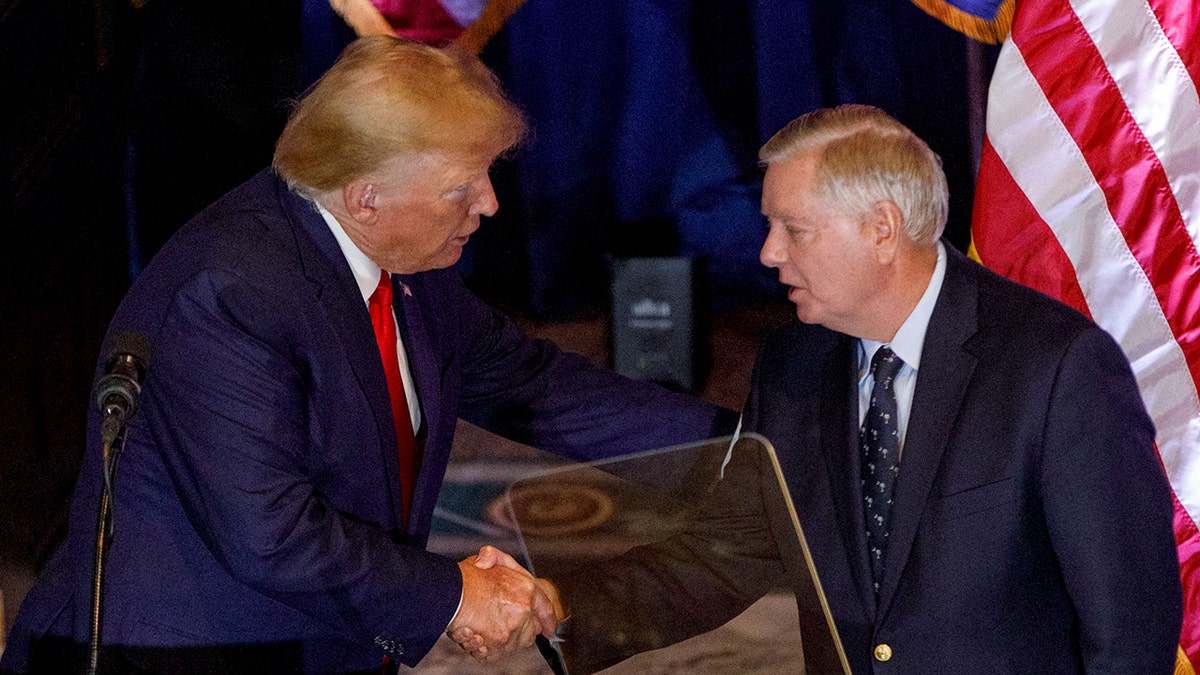 Then-former President Donald Trump and Sen. Lindsey Graham shingle hands successful 2023