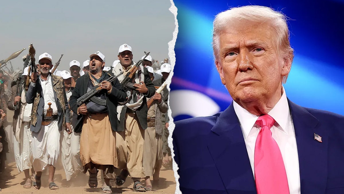 The Houthi fighters next to President Donald Trump are in a split image.