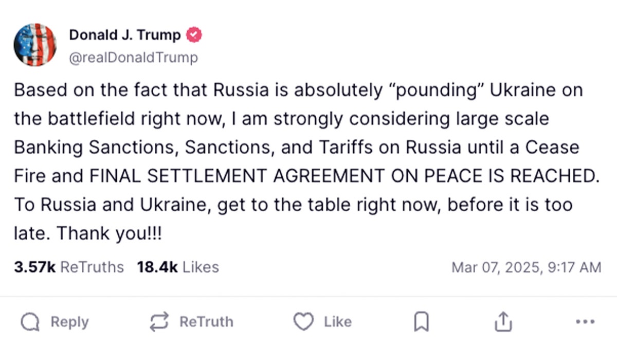 President Trump's Truth Social post: "Based on the fact that Russia is absolutely 