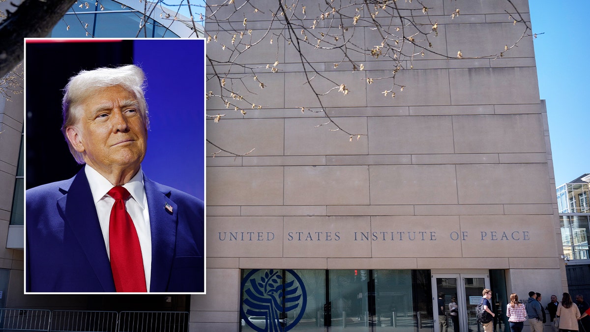 Trump is in front of the American Peace Academy's headquarters