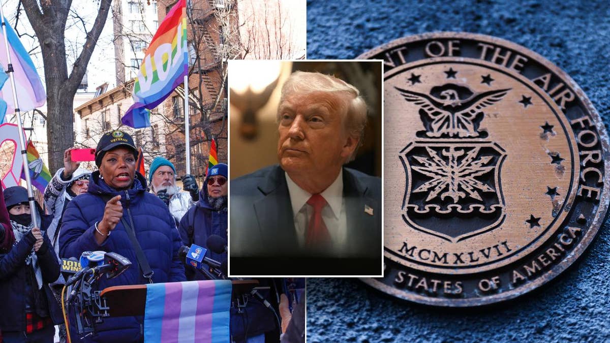 Trump inset; protest at left, Air Force logo right