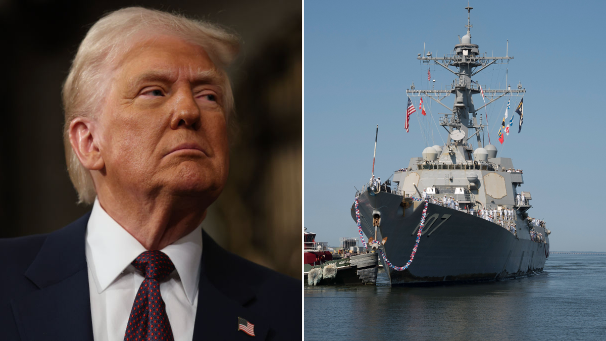 President Trump, the left; Marine destroyer, right