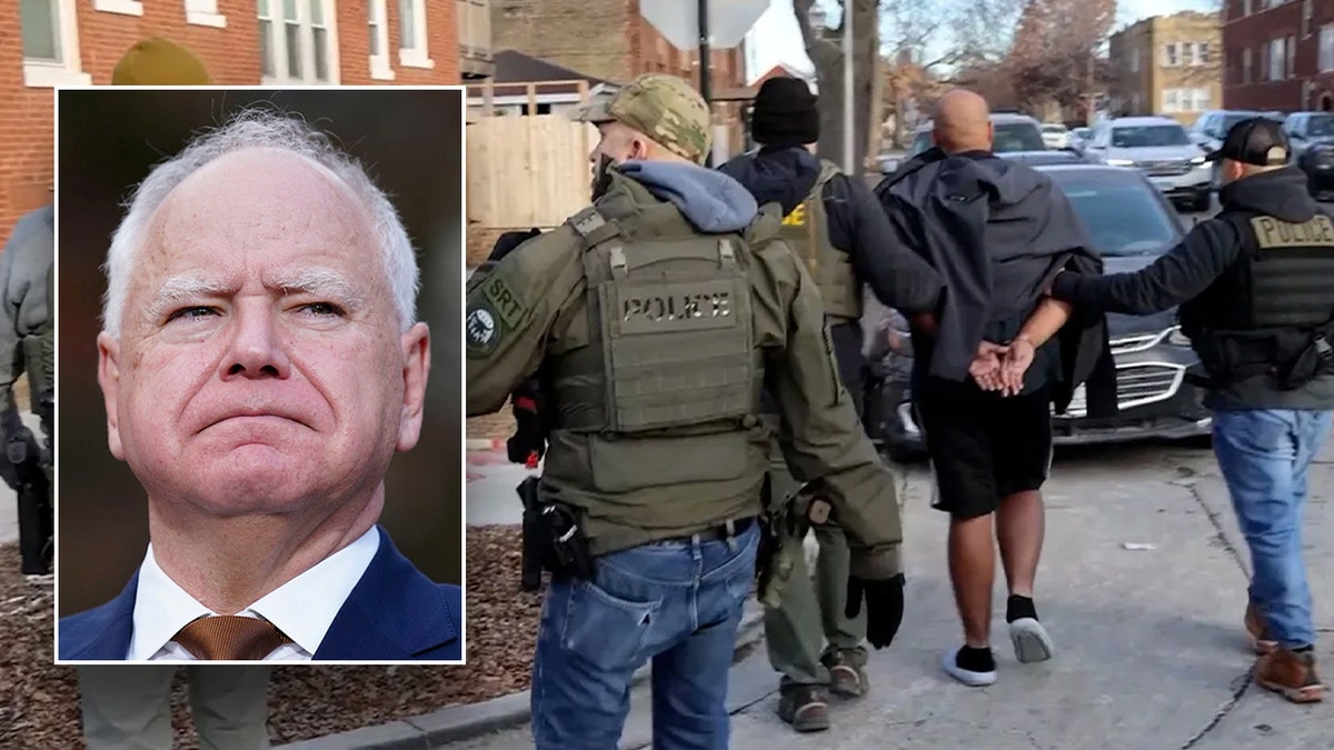 Tim Walz is pictured next to ICE