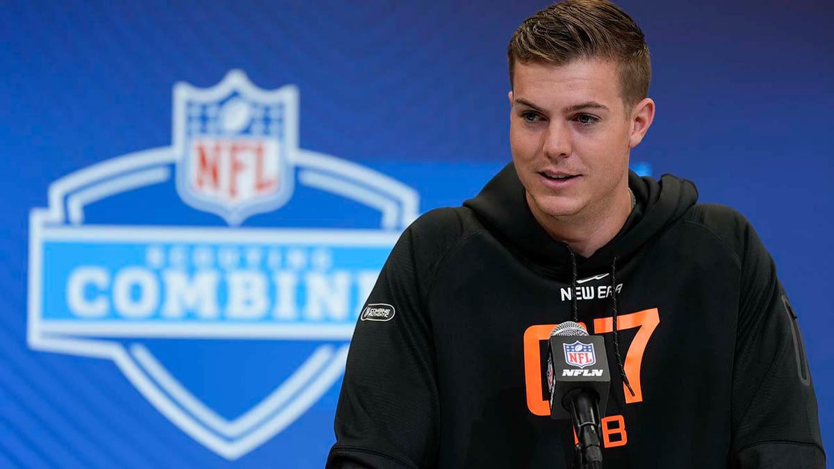 Ohio State quarterback Will Howard speaks during a press conference at the NFL football scouting combine on Friday, Feb. 28, 2025 in Indianapolis.