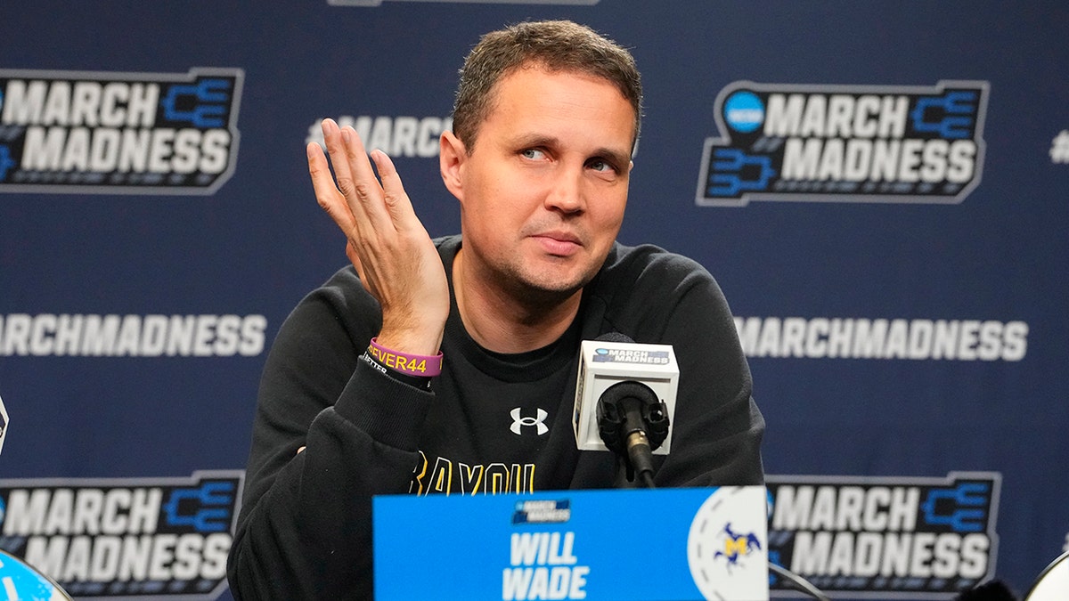 McNeese State Cowboys head coach Will Wade answers questions during the first round practice session press conference at Amica Mutual Pavilion in Providence, Rhode Island, on March 19, 2025.