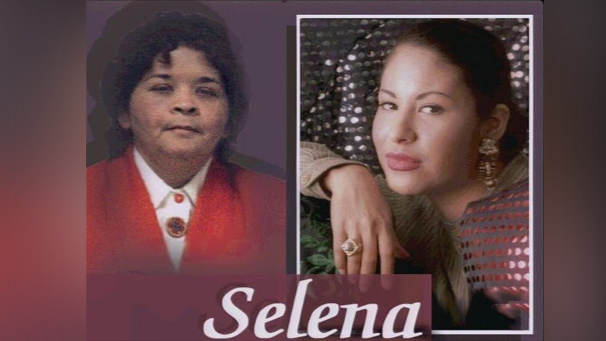 SELENA framed headshot with Yolanda Saldivar headshot, finished graphic