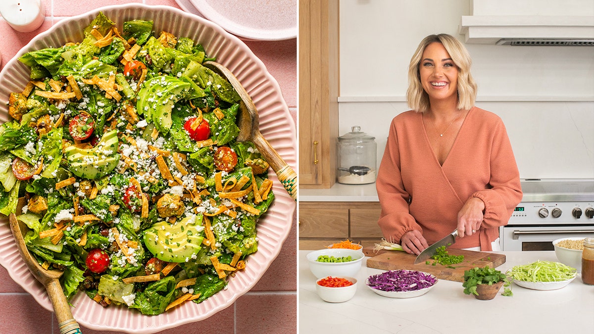 Danielle Lima, right, author of "High-Protein Macros Made Easy," poses for a photograph with one of her dishes. On the left is a picture of her zesty chicken salad with cilantro vinaigrette, which appears in her cookbook.