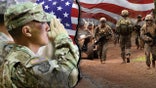 Soldier saluting next to image of service members carrying weapons