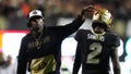 Sep 16, 2023; Boulder, Colorado, USA; Colorado Buffaloes quarterback Shedeur Sanders (2) and head coach Deion Sanders following a two point conversion in the fourth quarter against the Colorado State Rams at Folsom Field. - Fox News