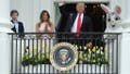 WASHINGTON, DC - APRIL 17:  U.S. President Donald Trump (C) waves to guests after delivering remarks from the Truman Balcony with first lady Melania Trump and their son Barron Trump (L) during the 139th Easter Egg Roll on the South Lawn of the White House April 17, 2017 in Washington, DC. The White House said 21,000 people are expected to attend the annual tradition of rolling colored eggs down the White House lawn that was started by President Rutherford B. Hayes in 1878.  (Photo by Chip Somodevilla/Getty Images) - Fox News