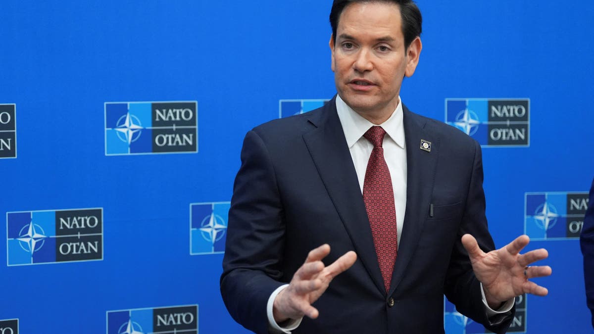 U.S. Secretary of State Marco Rubio talks to reporters at the NATO headquarters in Brussels, Belgium, April 4, 2025. Jacquelyn Martin/Pool via REUTERS