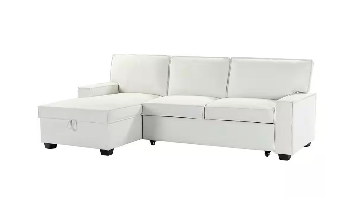 This L-shaped polyester sectional offers a pull-out sleeper furniture and the bonus of a chaise with hidden storage.