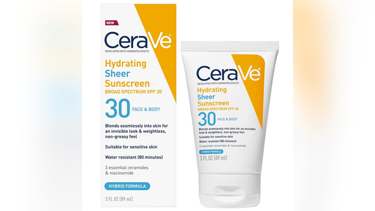 CeraVe Hydrating Sheer Sunscreen Broad Spectrum SPF 30 combines mineral and chemical sun filters.