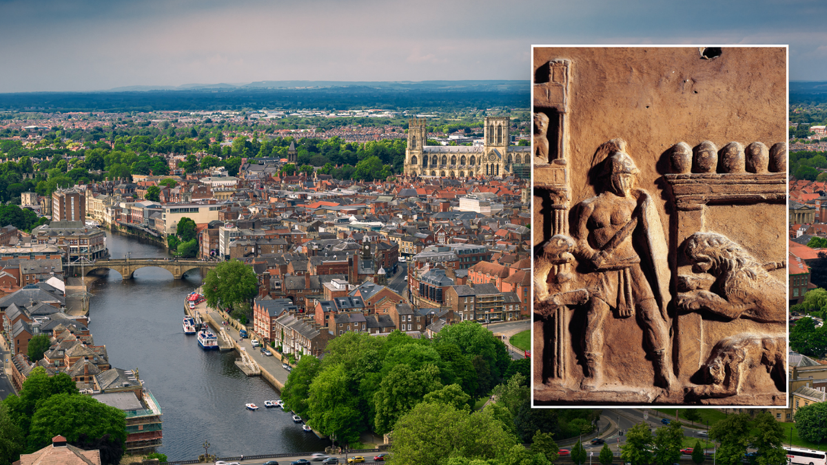 Split image of York exteriors and Roman gladiator