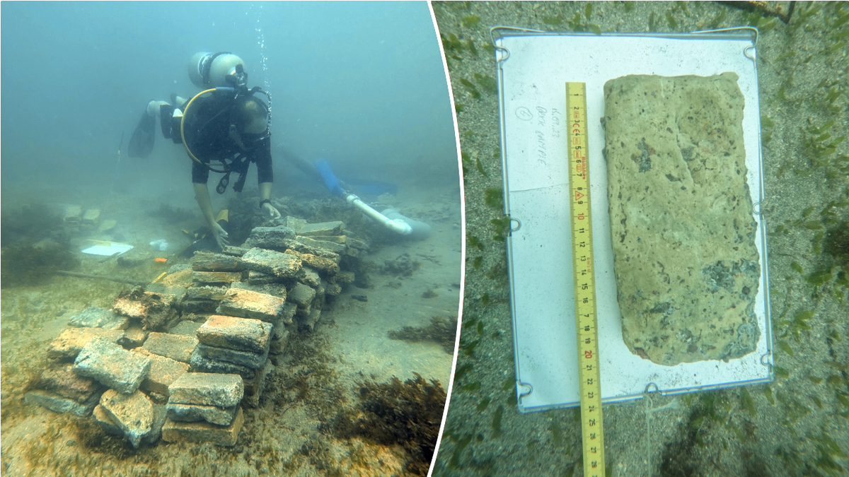 Split image of diver near shipwreck, yellow bricks