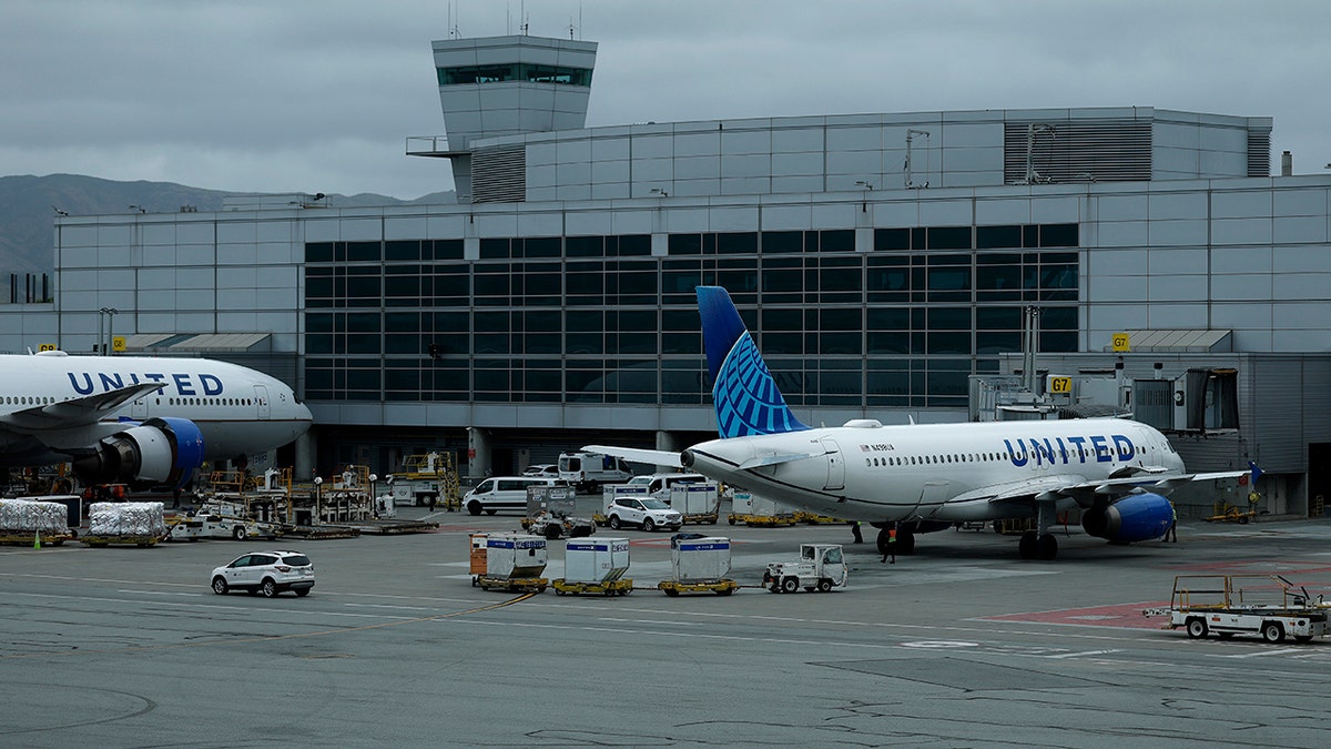 Airplanes are parked at San Francisco International Airport