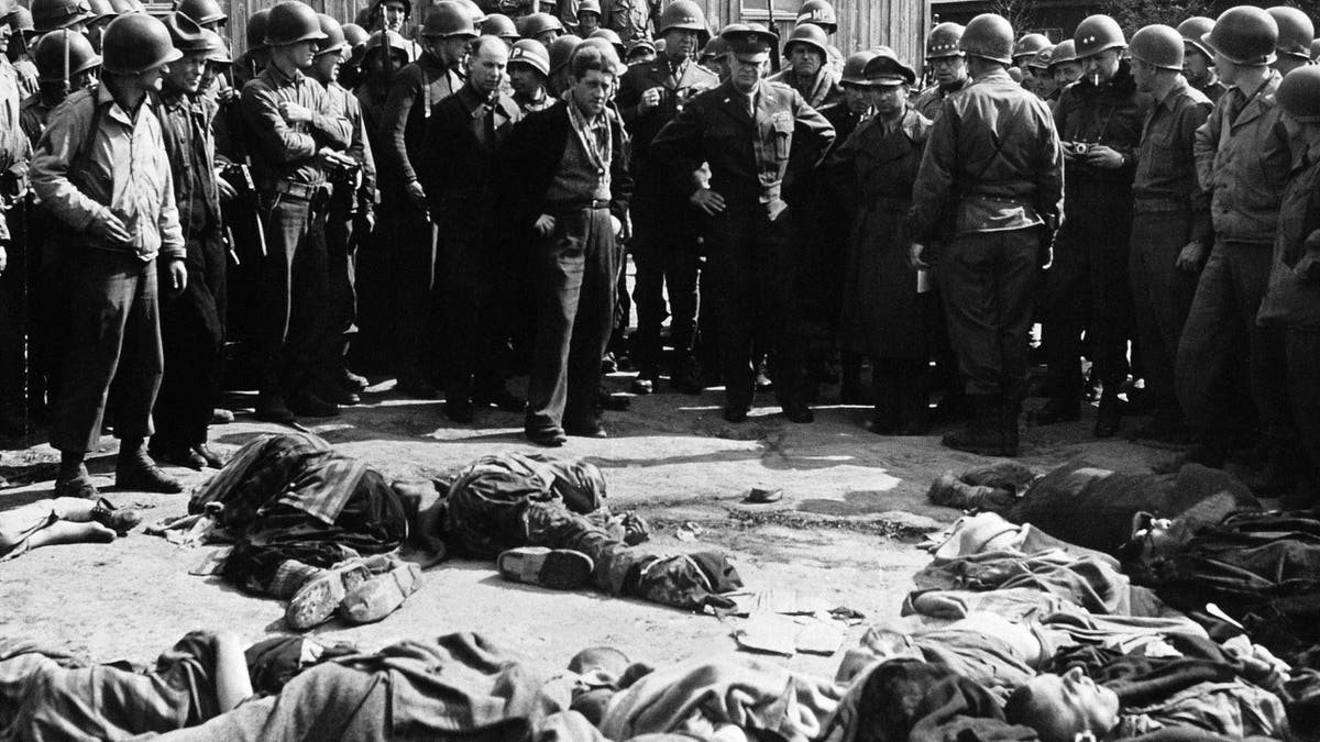 The Ohrdruf concentration camp near Buchewald, Germany. Then-American Gen. Dwight D. Eisenhower, commander in chief of the European Allied forces, and his soldiers discovered 70 prisoners who had been shot down in the courtyard in Germany on April 4.