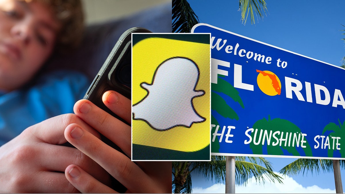 snapchat logo, center inset; Florida sign, right, teen on phone, left