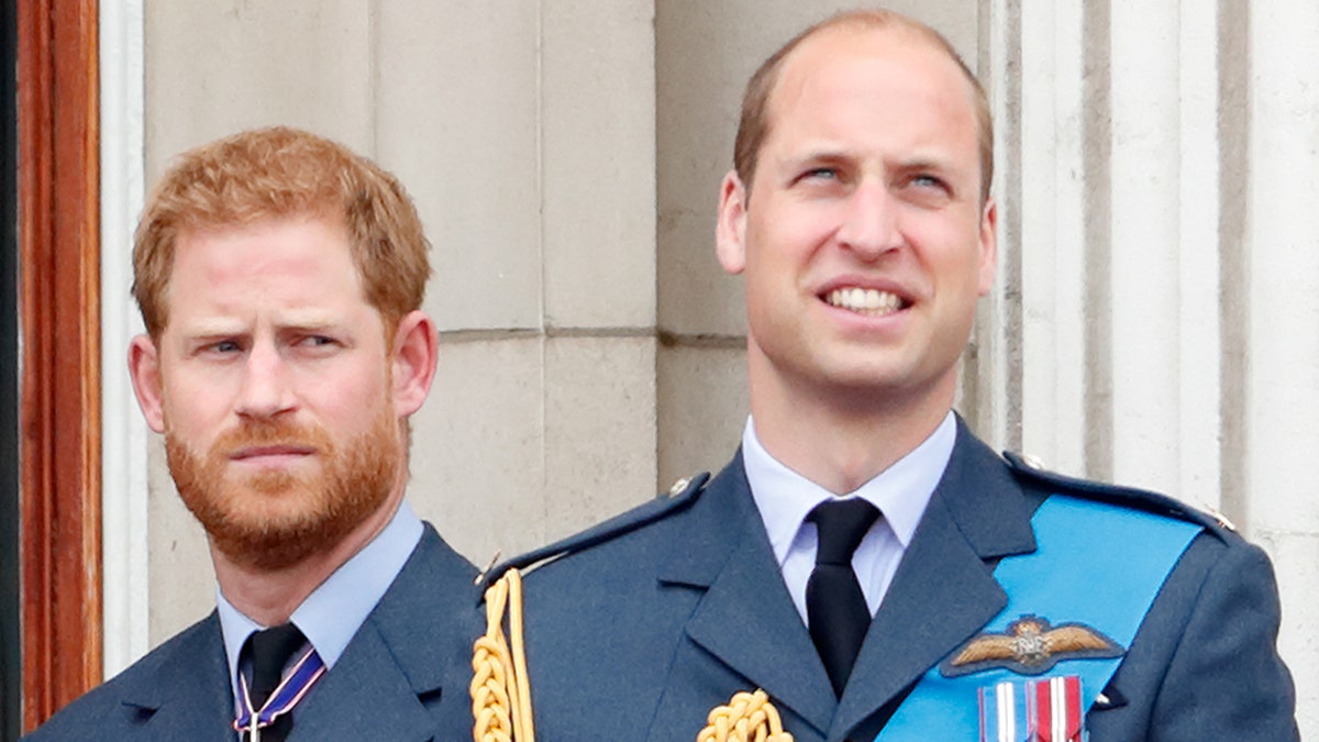 A close-up of Prince Harry and Prince William wearing matching suits standing on the balcony of Buckingham Palace.