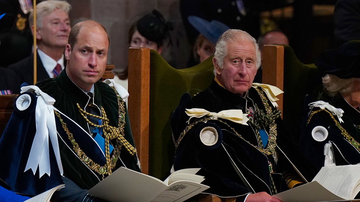 Prince William and KIng Charles in royal regalia sitting next to each other and looking serious.