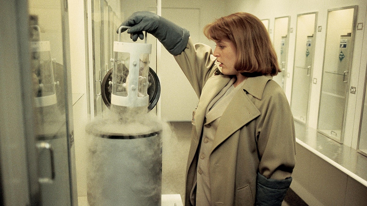 Agent Scully holding up an alien in a tube.