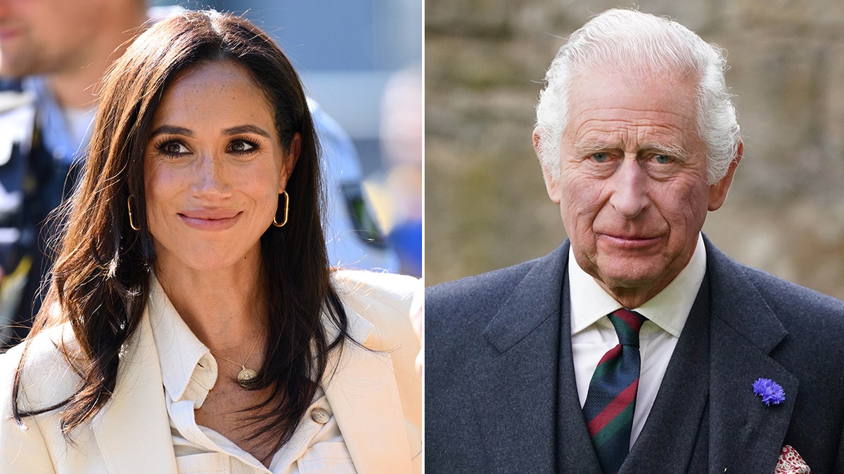 An image divided side by Meghan Markle and King Charles