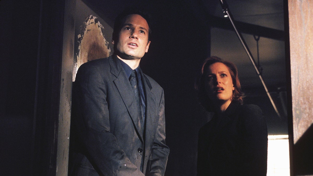David Duchovny in a suit as Agent Mulder next to Gillian Anderson in a dark suit as Agent Scully.