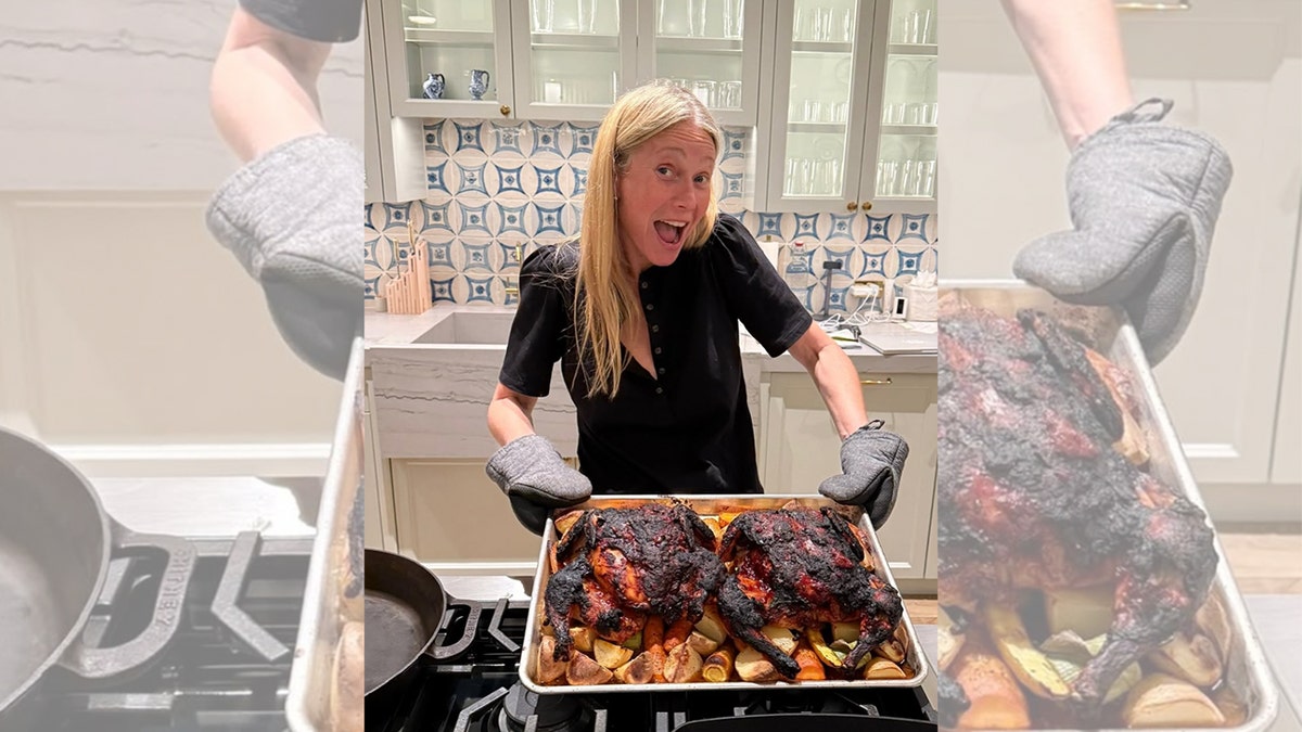 Gwyneth Paltrow shows off a chicken dish she prepared.