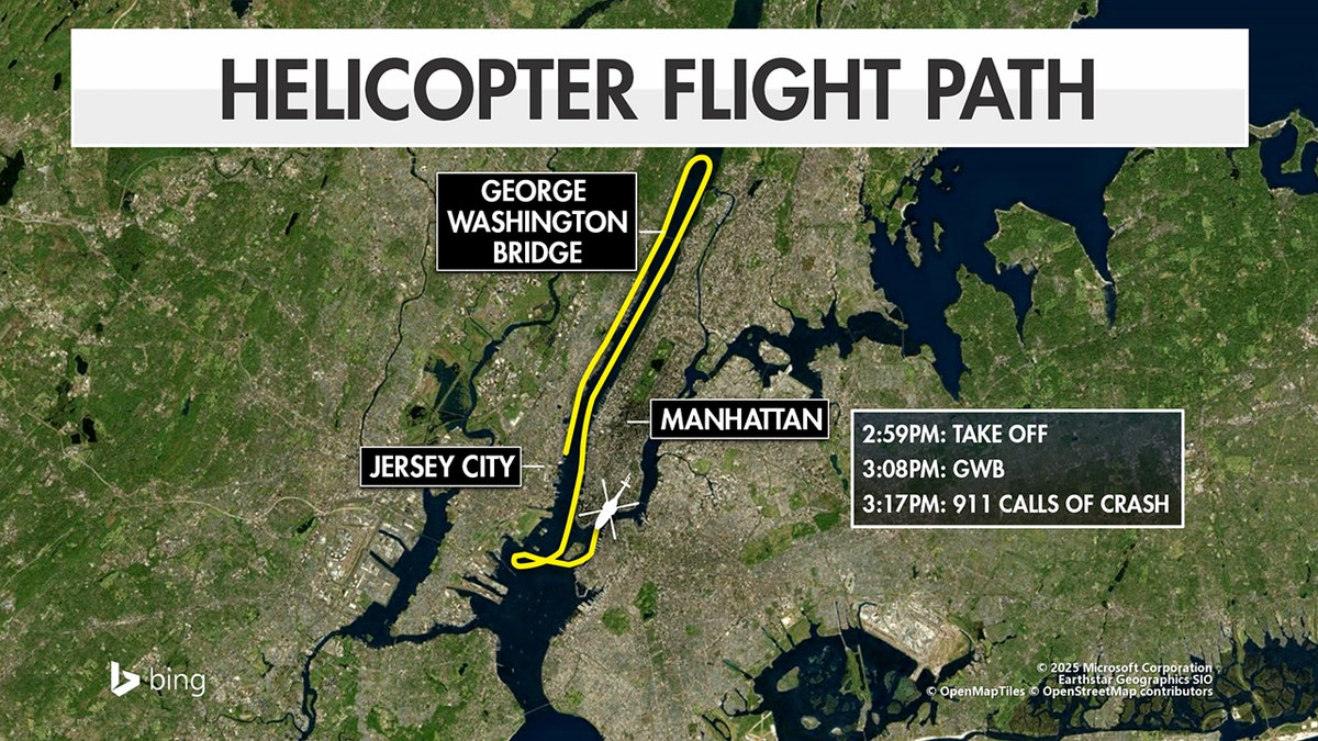 Path showing the course of the helicopter which crashed in New York City