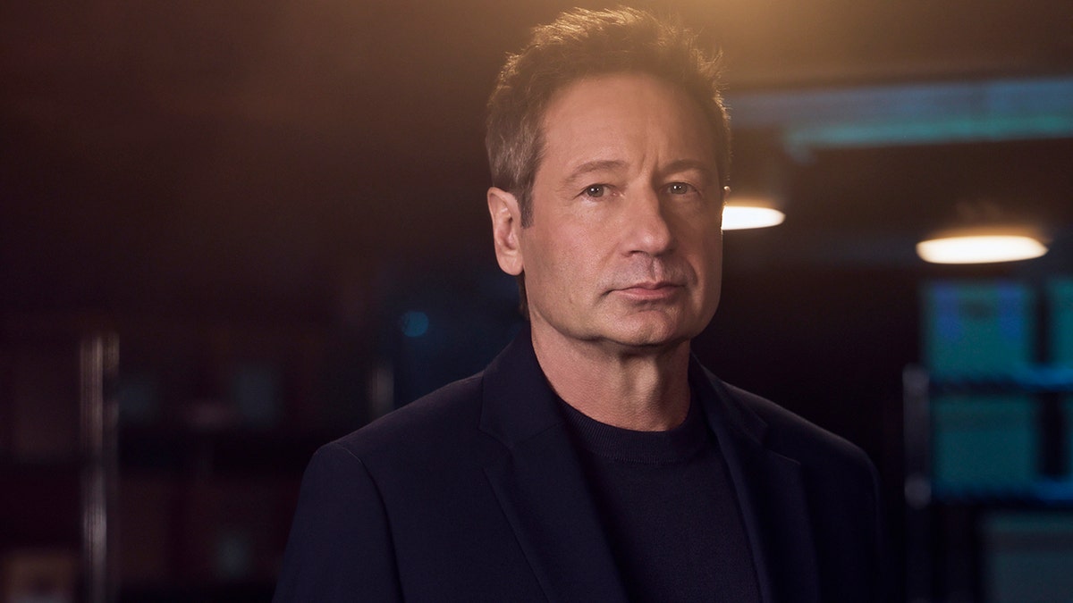 A close-up of David Duchovny wearing a black blazer and black shirt.