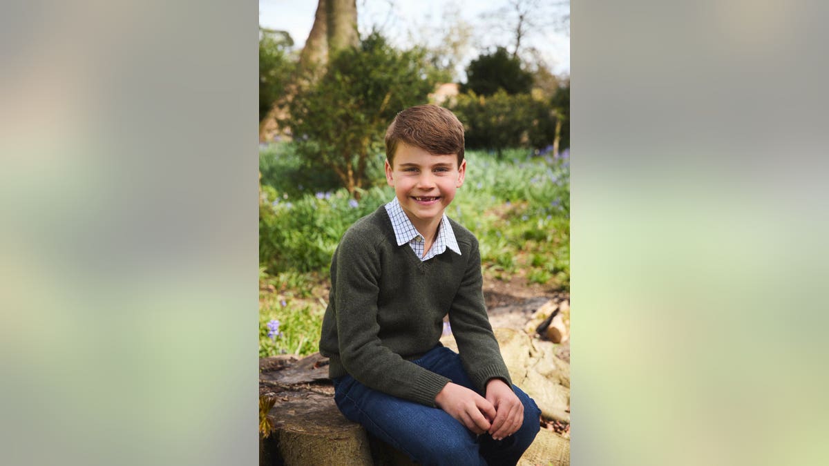 A portrait of Prince Louis smiling and sitting outdoors.