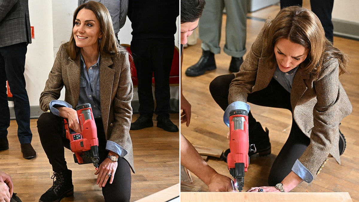 Side by side photos of Kate Middleton kneeling with nail gun and using nail gun