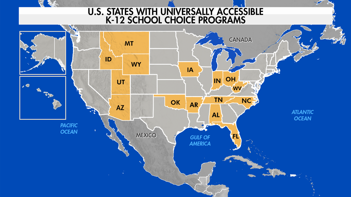 A map of US states that offer universal private school choice programs.