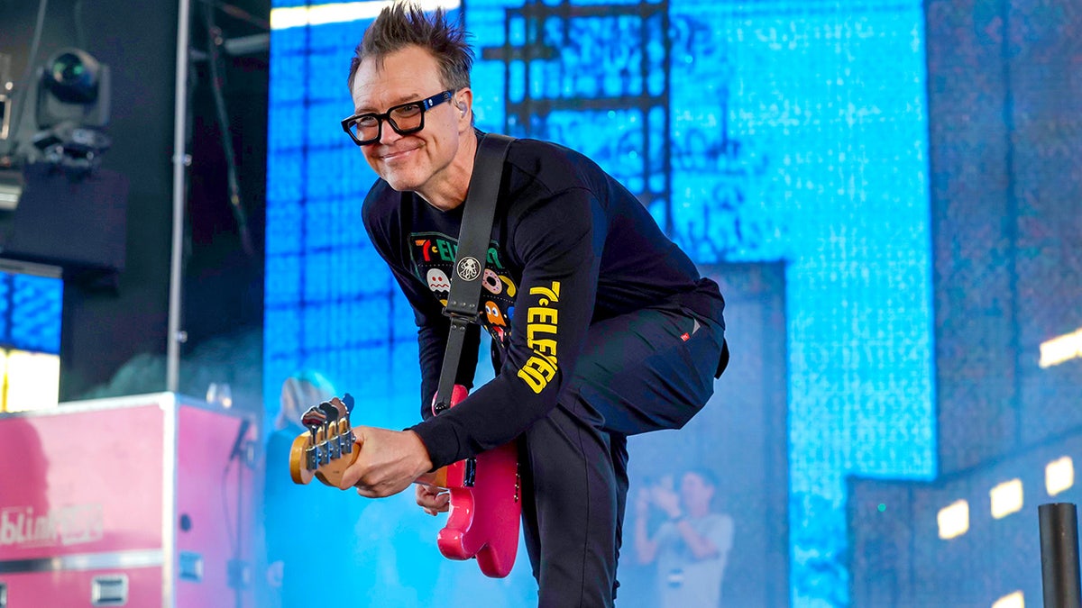 Mark Hoppus playing bass on stage
