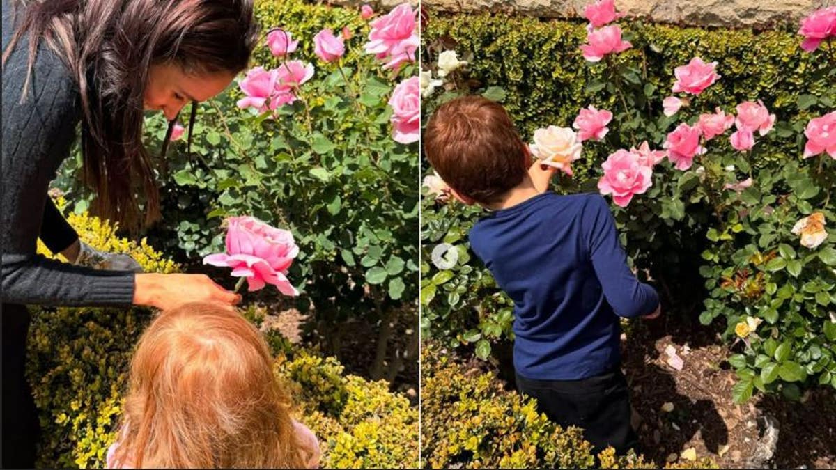 Markle with Lilibet and Archie in her garden