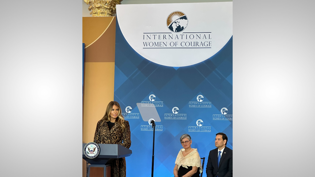 First Lady Melania Trump speaks during the International Women of Courage Ceremony on April 1, 2025.