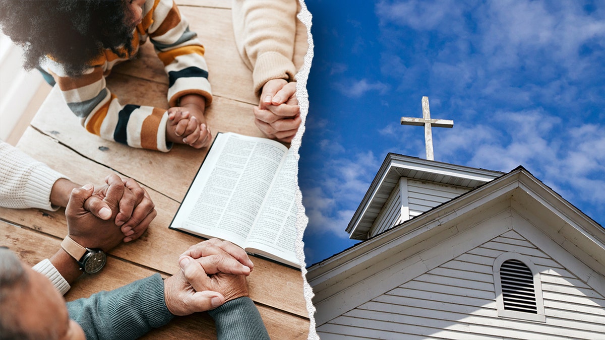 Kids praying; image of church