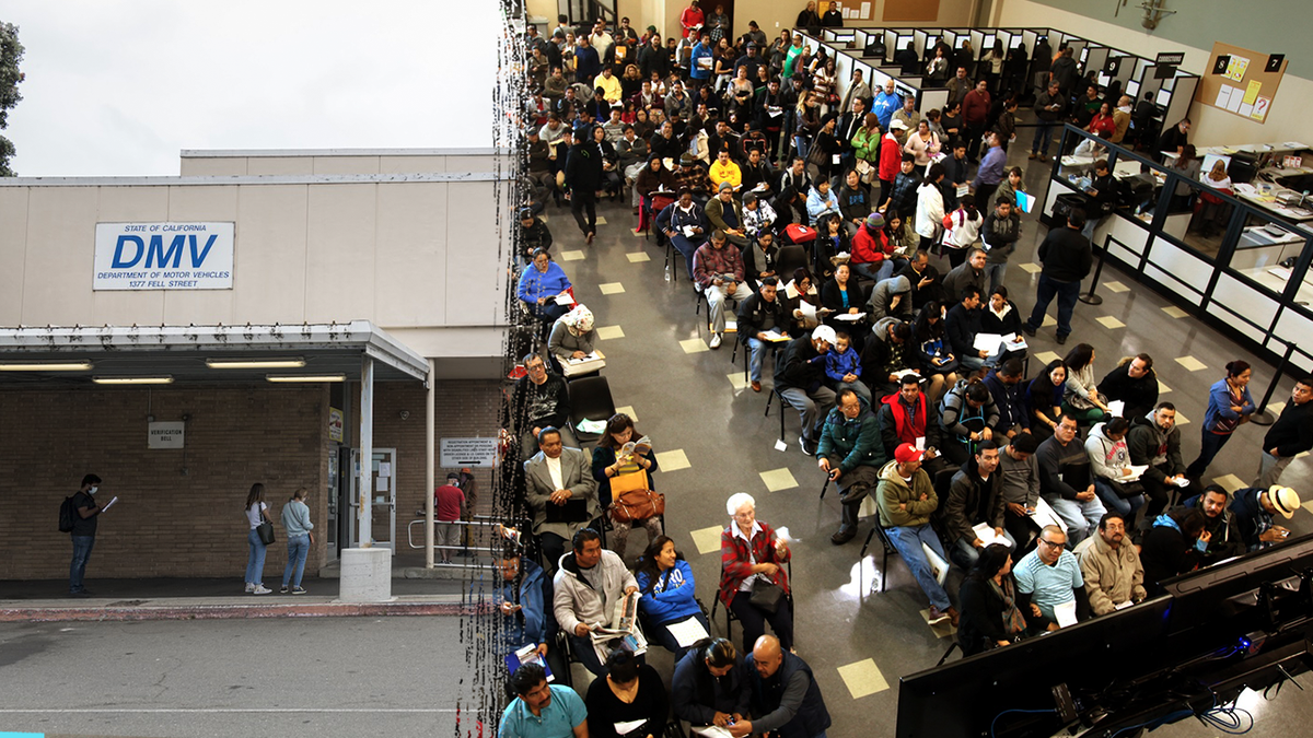 In this split image, U.S. residents wait in line at DMV locations across the country. The U.S. requirements for 'Real ID' are slated to take force May 7, 2025, after 20 years of delay. Photos via Getty