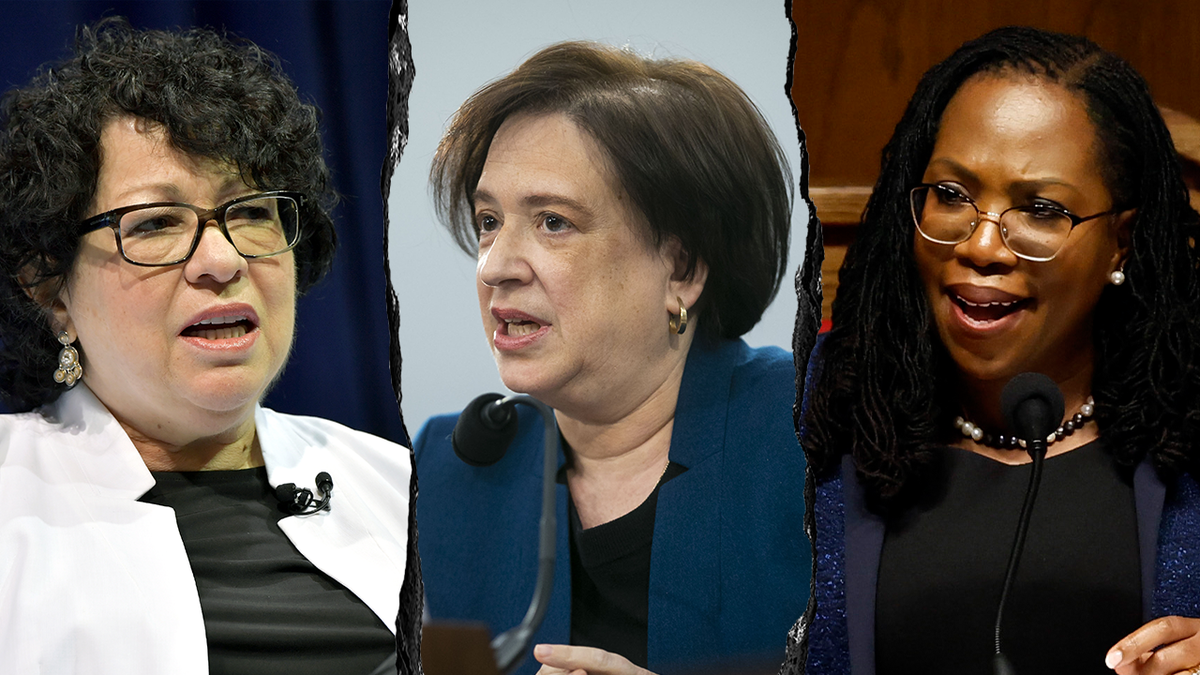 Composite image of Supreme Court Justices Sonia Sotomayor, Elena Kagan, and Ketanji Brown Jackson. Each justice is shown speaking or testifying, separated by a torn-edge graphic divider.