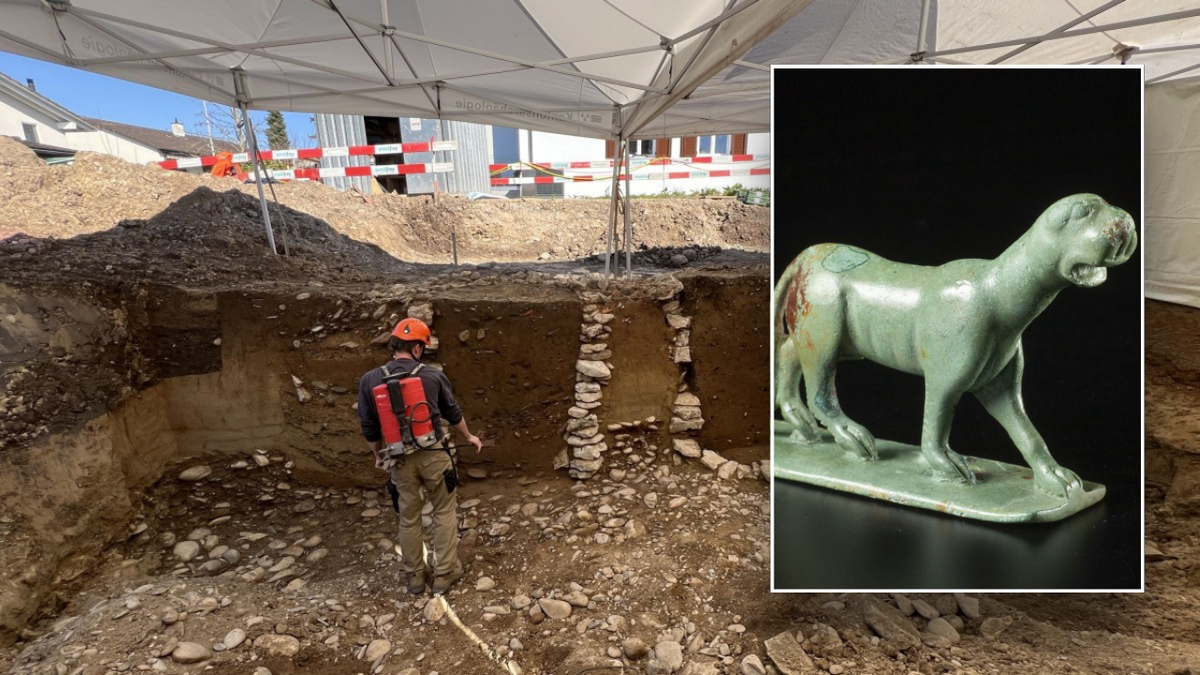 Split image of artifact and archaeologists in pit