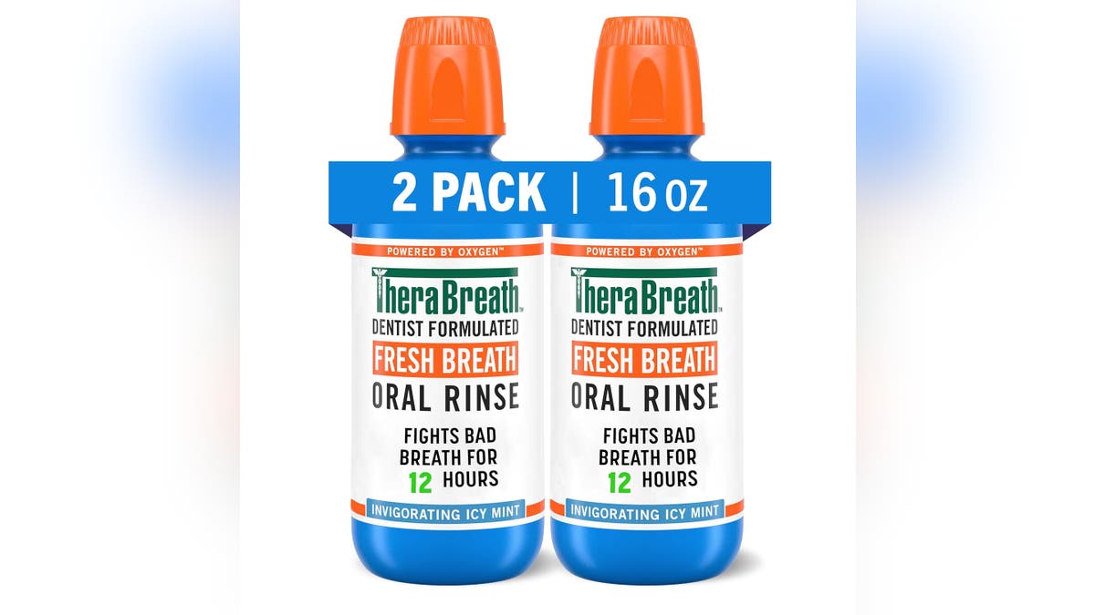 TheraBreath mouthwash is an alcohol-free, dentist-formulated solution.
