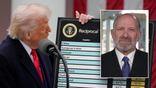 Trump holds a poster with lines of information (Background) Howard Lutnick (Right inset)