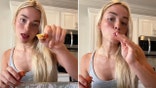 Livvy Dunne demonstrates how to eat a crawfish in a split screen from her TikTok page.